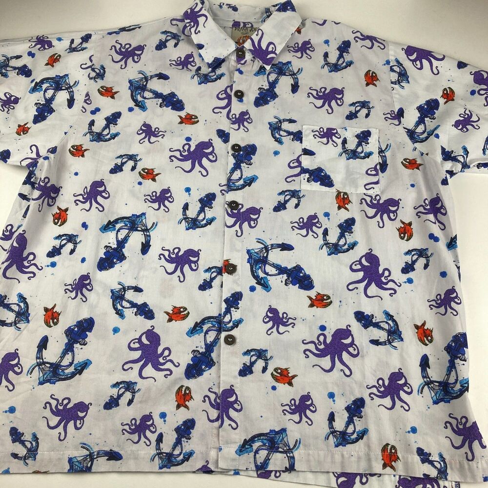 Pirana Joe Mens XXL Octopus Anchors Piranhas Shirt Nautical Hawaiian Cotton